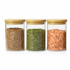 Kit potes de vidro com tampa de bambu herméticos para mantimentos empilháveis 300ml