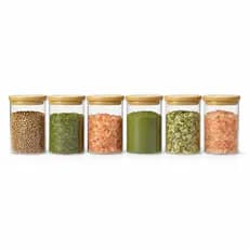 Kit 6 potes de vidro com tampa de bambu herméticos para mantimentos empilháveis 300ml
