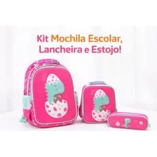Kit Mochila Escolar Baby Dino Rosa  e Azul 3D Com Lancheira e Estojo Pré-escola e Creche Materna.
