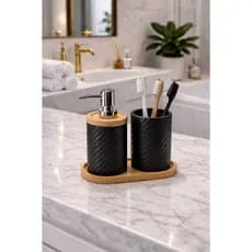 Kit Lavabo Preto 3 Peças com Bandeja de Bambu Porta Sabonete e Porta Escova