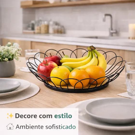 Fruteira de Bambu e Estrutura Metálica Cesto de Frutas Decorativo Organizador de Cozinha