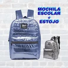 KIT MOCHILA E ESTOJO JUVENIL METALIZADA PRATA E AZUL