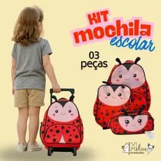 KIT MOCHILA DE RODINHA JOANINHA ESCOLAR INFANTIL RESISTENTE COM LANCHEIRA E ESTOJO