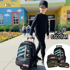 KIT MOCHILA DE RODINHA ESCOLAR CARROS CORRIDA MENINOS
