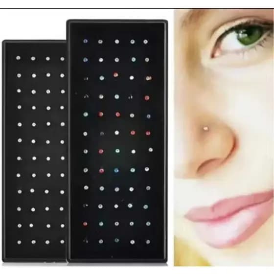 Kit Com 40 Piercing de Nariz Cristal Reto/Dobrar lindo aço inox