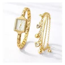 Relógio Feminino Pequeno Dourado Bracelete Minimalista + Pulseira + Caixa Almofadada Luxo