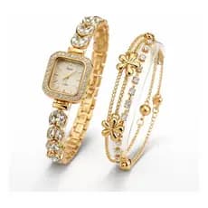 Relógio Feminino Pequeno + Pulseira + Caixa Presente Dourado