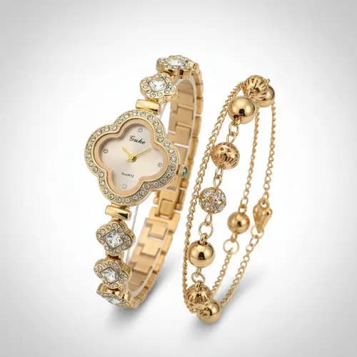 Kit Relógio Feminino Trevo + Pulseira + Caixa Presente Com Almofada Correia Strass Dourado Prata