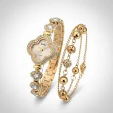 Kit Relógio Feminino Trevo + Pulseira + Caixa Presente Com Almofada Correia Strass Dourado Prata