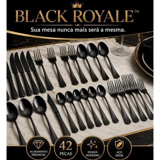 Conjunto Talheres 42 Pecas Uso Diario Acabamento Premium Design Moderno Preto