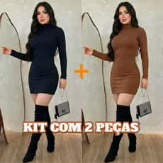 Kit 2 Vestidos Feminino Gola Alta Manga Longa Tubinho Elegante Moda
