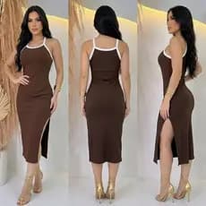 Vestido Feminino Tubinho Midi Canelado Sensual Fenda Lateral Costas Nadador Malha Premium