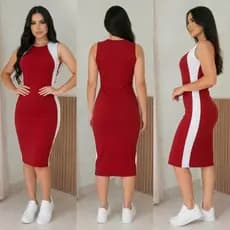 Vestido Feminino Canelado Midi Faixa Lateral Bicolor Regata Casual Básico Tubinho Justo Elegante