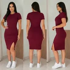 Vestido Feminino Midi Com Manga Fenda Lateral Canelado Premium Feminino Tubinho Elegante
