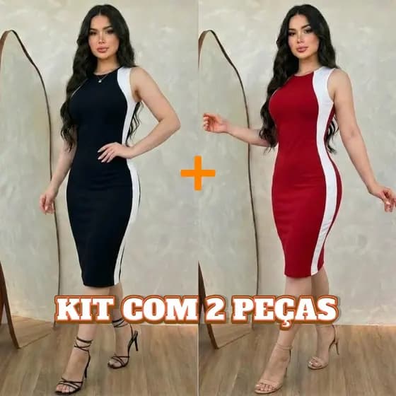 Kit 2 Vestidos Midi Tubinho Malha Canelada Premium Moda Evangélica Elegante