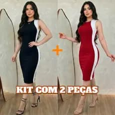 Kit 2 Vestidos Midi Tubinho Malha Canelada Premium Moda Evangélica Elegante