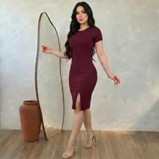 Vestido Feminino Fenda Lateral com Manga Gola Redonda Canelado Premium Moda Evangélica