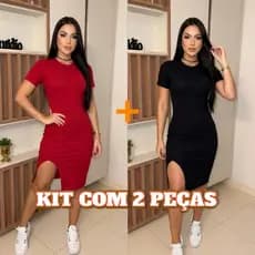 Kit 2 Vestidos Feminino Midi Com Manga Fenda Lateral Canelado Premium Feminino Tubinho Elegante