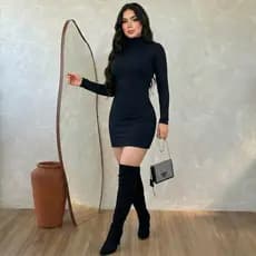 Vestido Feminino Tubinho Manga Longa Curto Canelado Premium Elegante Casual Festa