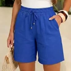 Short Feminino Tecido Crepe Duna Bermuda Longuete Cintura Alta Com Elástico e Bolso Confortável