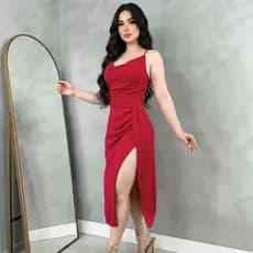 Vestido Midi Feminino com Fenda e Gola Boba Crepe Duna Elegante Moda Festa