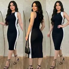 Vestido Feminino Midi Tubinho Elegante Canelado Detalhe Faixa Lateral Tendência Bicolor Moda Evangélicanhasdeluxo2021