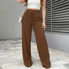 Calça Feminina Pantalona Crepe Duna Wide Leg Com Bolso Cintura Alta Elástico  Confortável Elegante