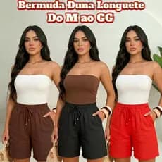 Bermuda Feminina Tecido Crepe Duna Longuete Short Cintura Alta Com Elástico e Bolso Casual