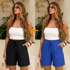 Kit 2 Peças Bermuda Feminina Tecido Crepe Duna Longuete  Short Cintura Alta Com Elástico e Bolso Confortável