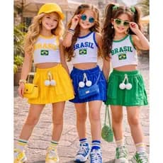 Conjunto Brasil Infantil De Menina Brasil Copa Do Mundo Conjunto Juvenil Brasil  Blusinha e shorts saia