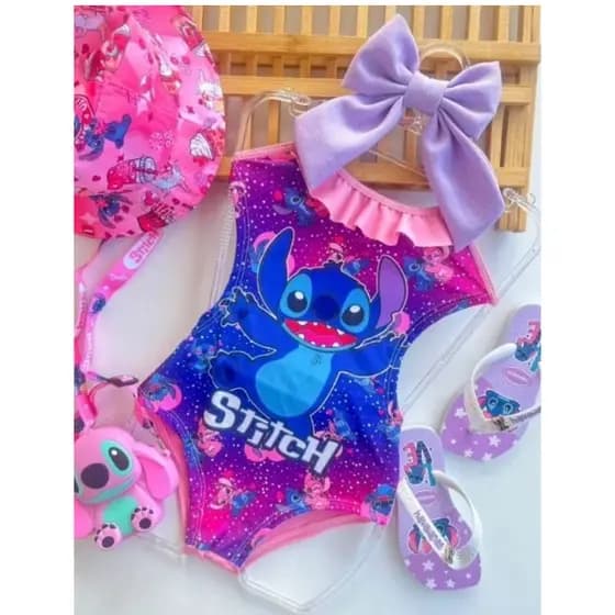 Maio biquine Infantil Stitch Azul Rosa Maio Verão Praia Temático biquini biquine Natação Praia Biquine UV Manga Longa