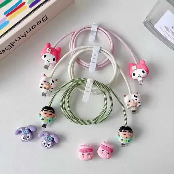 Kit 4 peças Protetor de Cabo USB Espiral Com 2 Protetores Pontas de Cabo Personagens