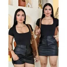 Shorts Saia Feminino em Corino Preto/marrom Cintura Alta – Saia Short de Couro Sintético