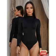 Body feminino manga longa com gola alta em tecido ajustável segunda pele