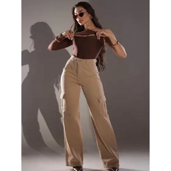 Calça Cargo Feminina  Bege Cintura Alta Bolsos Laterais Reta Calça Jeans Cargo Wide Leg Casual calca jeans com lycra