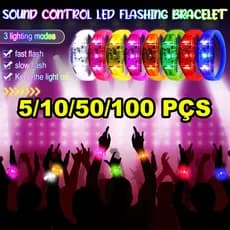 Até 100 Pulseira LED Ativada por Som que Pisca ao Música c/ 3 Modos de Luz 8 Cores p/ Evento Festa Aniversário Formatura