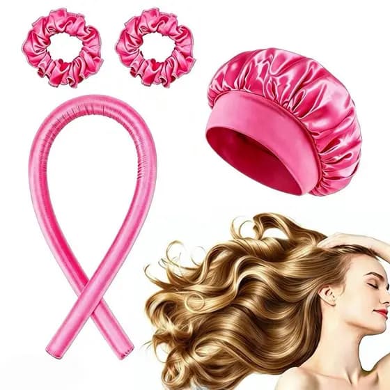 Kit 4 Peças Modelador Heatless + Touca Antifrizz Cetim + 2 Xuxinhas Cetim - Define Cachos Sem Calor Envio Rápido
