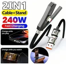 Cabo De Carregamento Rápido 2 Em 1 De 240 W Com Suporte Para Telefone USB C A Type Dados iOS Android