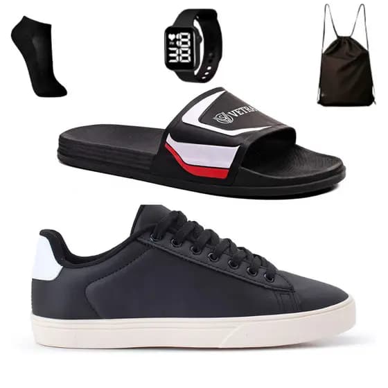 Kit com Tênis Masculino Básico Casual + Chinelo Adulto Slide + Relógio + Meia Curta e Mochila Bag