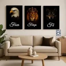 Kit 3 Quadros Motivacionais Leão Foco Força Fé Arte Moderna Parede Sala Quarto Escritório Decoração Luxo Premium Casa