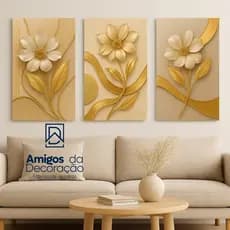 Kit 3 Quadros Decorativos Flor Dourada MDF 3mm Parede Sala Quarto Escritório Decoração Moderna Casa Sem Moldura Parede
