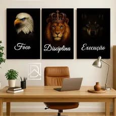 Kit 3 Quadros Decorativos Disciplina Foco Execução Animais motivacional Sala Escritório MDF Moderno Premium Parede