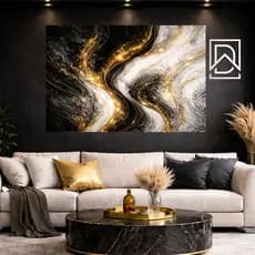Quadro Decorativo Abstrato Preto Dourado Luxo Mármore Arte Moderna Painel Parede Sala Quarto Escritório MDF Premium