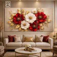 Kit 3 Peças Quadro Decorativo Flores Vermelho Branco Dourado Sem Moldura MDF Sala Quarto Escritório Luxo Moderno Casa