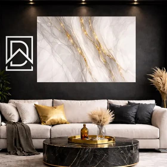 Quadro Decorativo Mármore Branco e Dourado Luxo Abstrato Painel Parede Sala Quarto Escritório Arte Moderna MDF Decoração