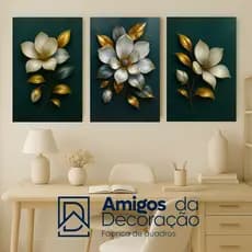 Kit 3 Quadros Decorativos Flores Delicadas Luxo Gold para Sala Quarto Escritório Elegante Moderno Parede Casa Dupla Face