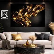 Quadro Decorativo Abstrato Dourado Luxo Parede Sala Moderna Arte Elegante MDF Alta Qualidade Decoração Sofisticada 3D
