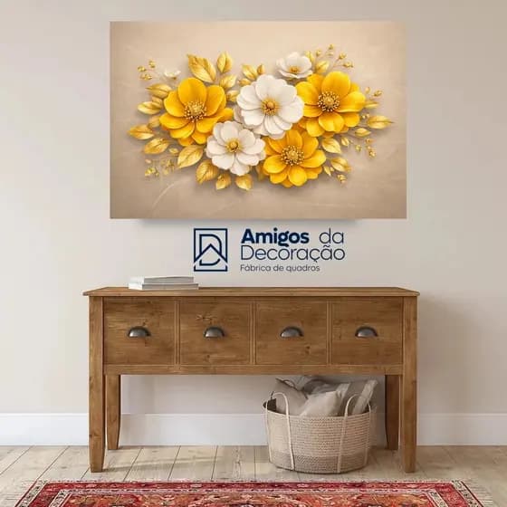 Quadro Decorativo Flores Amarelas e Brancas com Folhas Douradas Luxo Arte Moderna Sala Quarto Decoração Parede 60x40