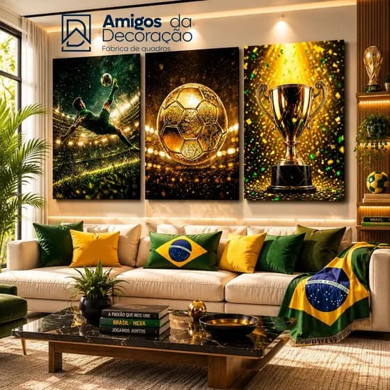 Kit 3 Quadros Futebol Brasil Copa Do Mundo Decorativo Sala Gamer Quarto Torcedor Bola Troféu Sem Moldura MDF Premium