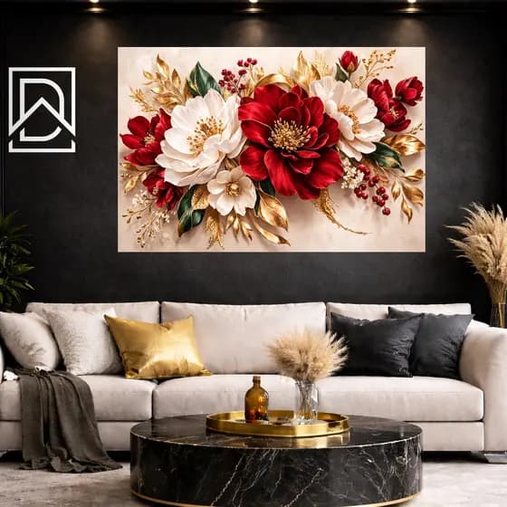 Quadro Decorativo Floral Luxo Vermelho Dourado Parede Sala Moderna Elegante MDF Alta Qualidade Decoração Sofisticada